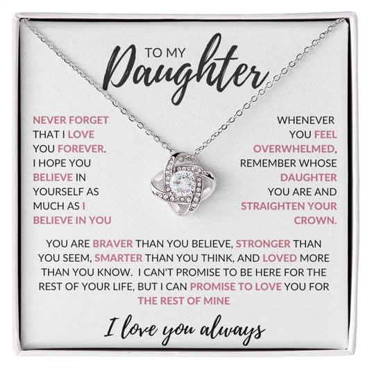 GIFT FOR DAUGHTER | LOVE KNOT NECKLACE | White Message Card + Pink Bold Words | Inspirational Strength Gift