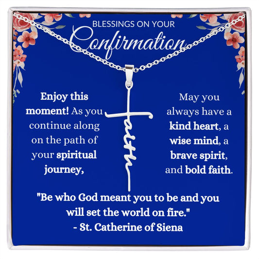 BLESSINGS ON YOUR CONFIRMATION | 14K GOLD FAITH CROSS NECKLACE | Blue Message Card with Corner Flowers