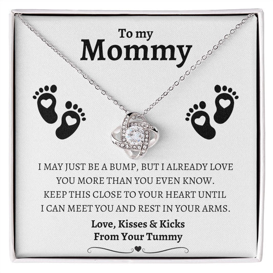 Gift for Expectant Mother From her Tummy | LOVE KNOT NECKLACE  | Meaningful Baby Foot Prints White Message Card