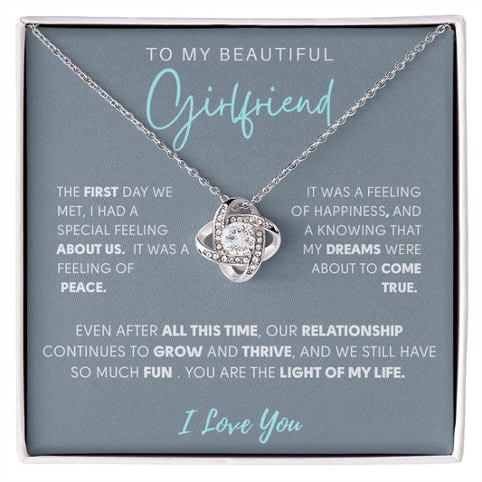 TO MY BEAUTIFUL GIRLFRIEND | LOVE KNOT NECKLACE | YOU ARE THE LIGHT OF MY LIFE| Gray + Turquoise/white Message Card