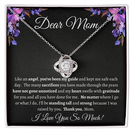 DEAR MOM | LOVE KNOT NECKLACE | LIKE AN ANGEL YOU'VE BEEN MY GUIDE | Black with purple flowers Message Card