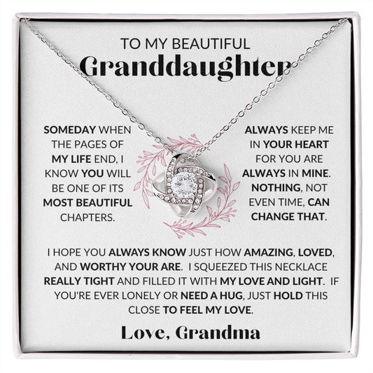 TO GRANDDAUGHTER Love GrandMA | LOVE KNOT NECKLACE | ALWAYS KEEP ME IN YOUR HEART | White + Mauve accent Message Card