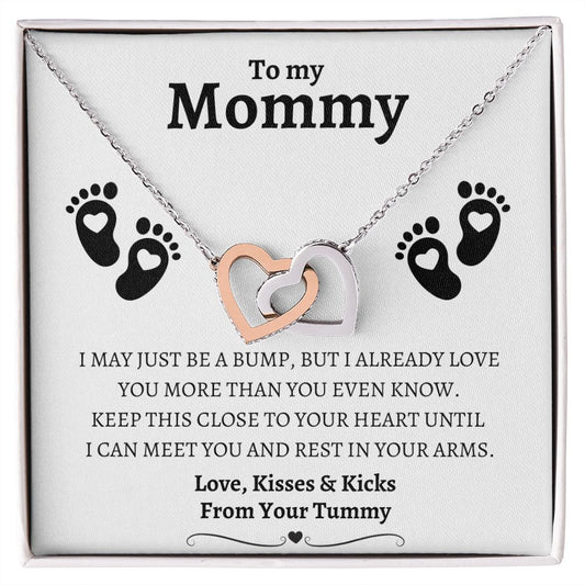 TO MY MOMMY | Gift for Mom-to-Be From Your Tummy | INTERLOCKING HEARTS NECKLACE | I MAY JUST BE A BUMP BUT I ALREADY LOVE YOU MORE THAN YOU KNOW | White Message card with Baby Foot Prints in Black