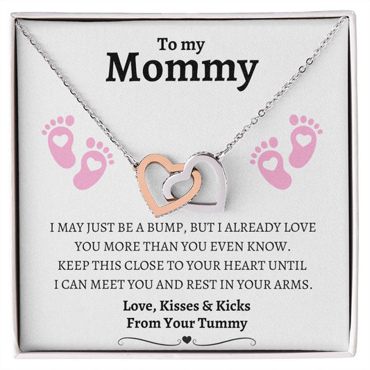TO MY MOMMY | Gift for Mom-to-Be From Your Tummy | INTERLOCKING HEARTS NECKLACE | I MAY JUST BE A BUMP BUT I ALREADY LOVE YOU MORE THAN YOU EVEN KNOW | White Message Card with Baby Foot Prints in Pink