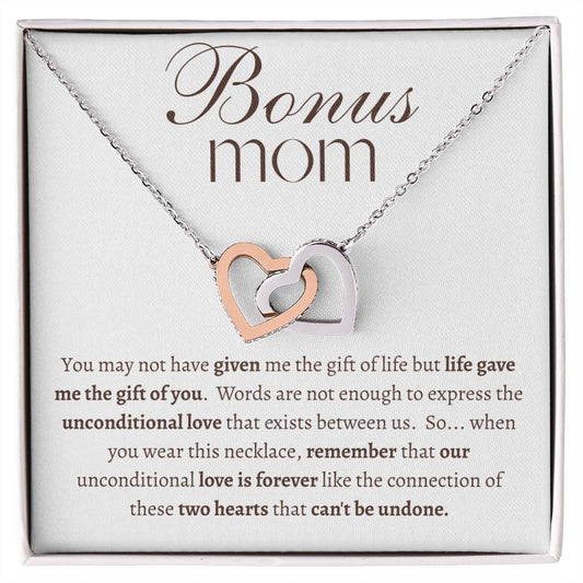 BONUS MOM | INTERLOCKING HEARTS NECKLACE | YOU MAY NOT HAVE GIVEN ME THE GIFT OF LIFE BUT LIFE GAVE ME THE GIFT OF YOU | White Message Card with Chocolate Text