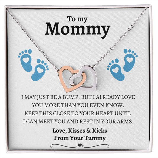 TO MY MOMMY | Gift for Mom-to-Be From Your Tummy | INTERLOCKING HEARTS NECKLACE | I MAY JUST BE A BUMP BUT I ALREADY LOVE YOU MORE THAN YOU KNOW | White Message Card with Baby Foot Prints in Blue