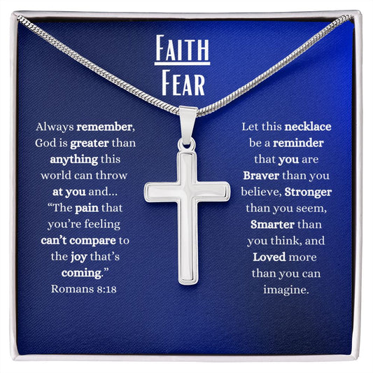 FAITH OVER FEAR Encouragement for Him | STAINLESS CROSS NECKLACE | THE PAIN YOUR FEELING CAN'T COMPARE TO THE JOY THATS COMING | Royal Blue Message Card